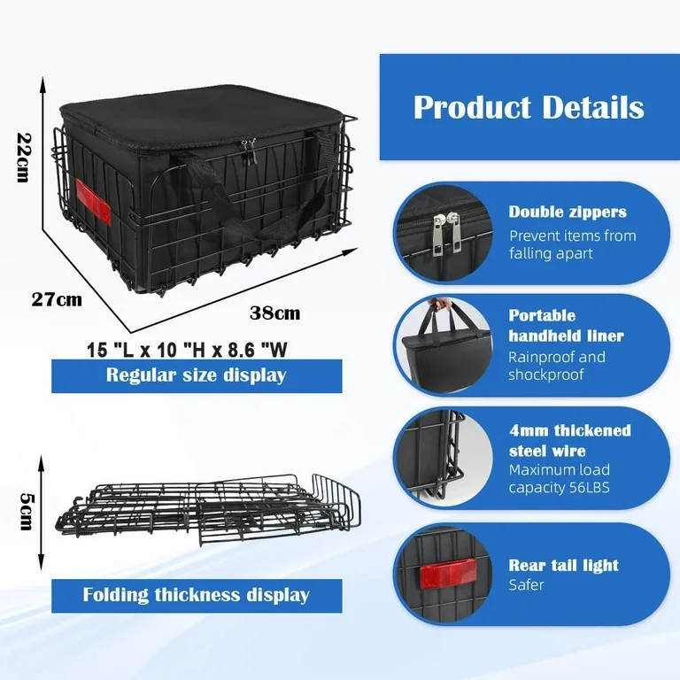 Bike Basket Rear, Folding Bicycle Basket with Removable Waterproof Liner Bag, Rear Bike Cargo Rac... | Walmart (US)