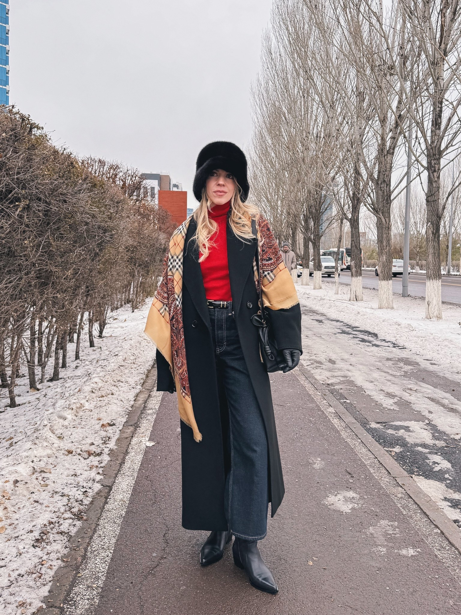Holiday outfit, Christmas shopping look, Christmas market outfit, red sweater, vintage Burberry scarf, fur bucket hat, cropped wide leg jeans, black leather gloves, black western ankle boots 

#LTKFindsUnder100 #LTKOver40 #LTKHoliday