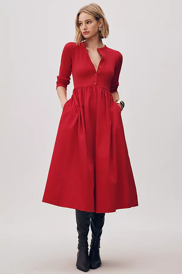 Maeve Long-Sleeve Twofer Cardigan Midi Dress | Anthropologie (US)