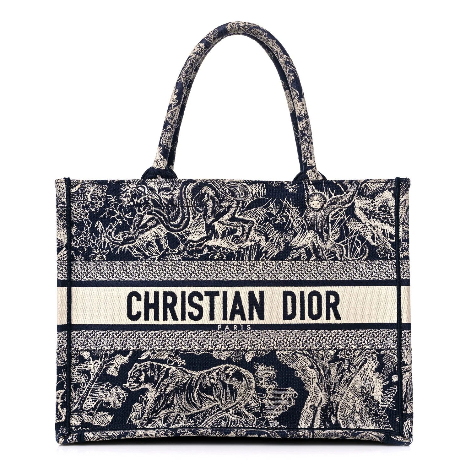 Canvas Embroidered Medium Toile De Jouy Reverse Book Tote Blue | FASHIONPHILE (US)