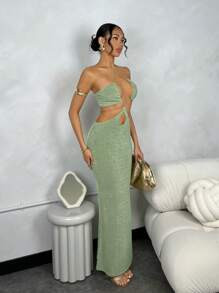 SHEIN BAE Women Summer Vacation Solid Color Halter Neck Tight-Fitting Graduation Dress With Hollo... | SHEIN