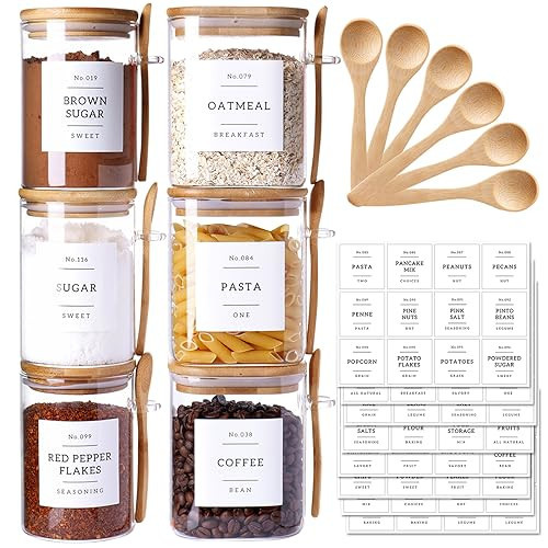 CZSZYGHBAO 6 Pack Glass Jars with Bamboo Lid and Spoons - 17Oz/27Oz Borosilicate Glass Jars with 132 Pantry Labels - for Coffee Beans, Tea, Sugar & More | Amazon (US)