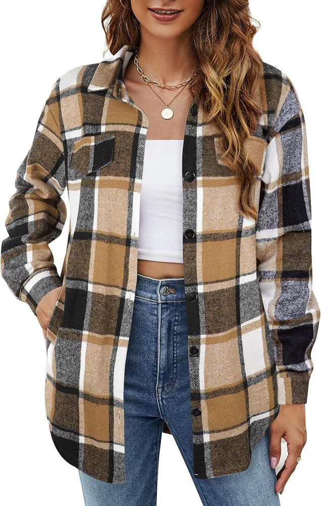 Blooming Jelly Womens Flannel Plaid Shirts Button Down Long Sleeve Fall Shackets Jackets 2024 wit... | Amazon (US)