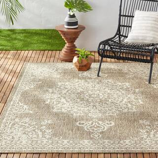 Nicole Miller Patio Country Azalea Taupe/Ivory 6 ft. x 9 ft. Medallion Indoor/Outdoor Area Rug 2A... | The Home Depot