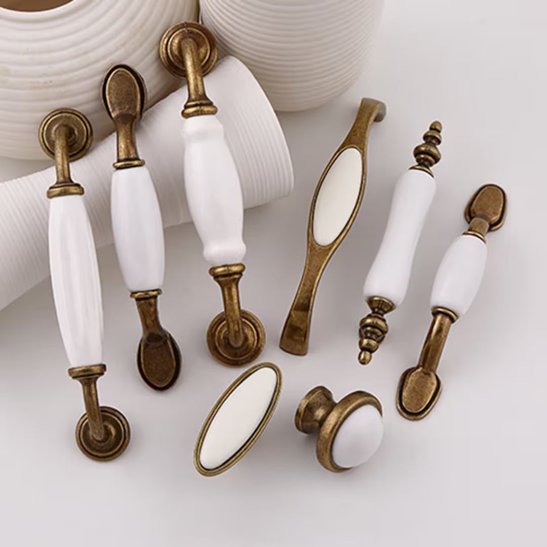 3 3.8 5 White Ceramic Handle, Retro Wardrobe Pull, Antique Brass Drawer Pulls, Ceramic Dresser Kn... | Etsy (US)