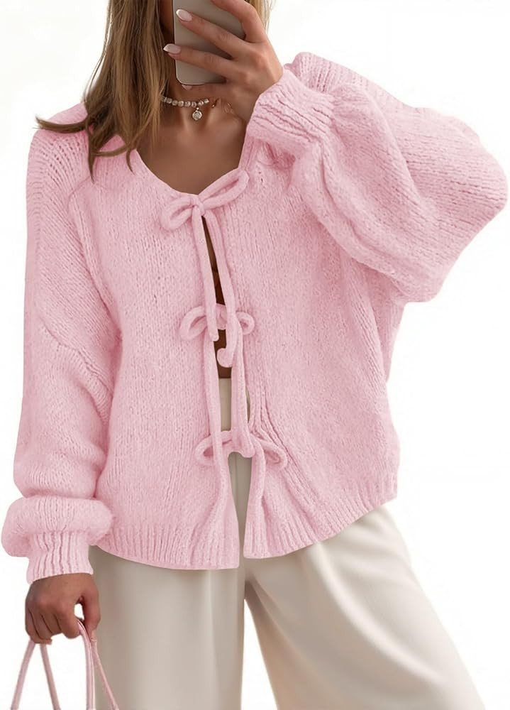 UNCLECAT Womens Bow Tie Front Cardigan Sweaters Oversized Fall Open Front Cardigans Cute Loose Kn... | Amazon (US)