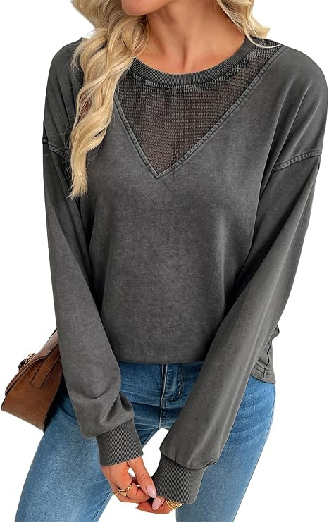 SHEWIN Women Acid Wash Out Sweatshirt Fall Ribbed Mesh Pullover Tops | Casual, Oversized, Spring,... | Amazon (US)