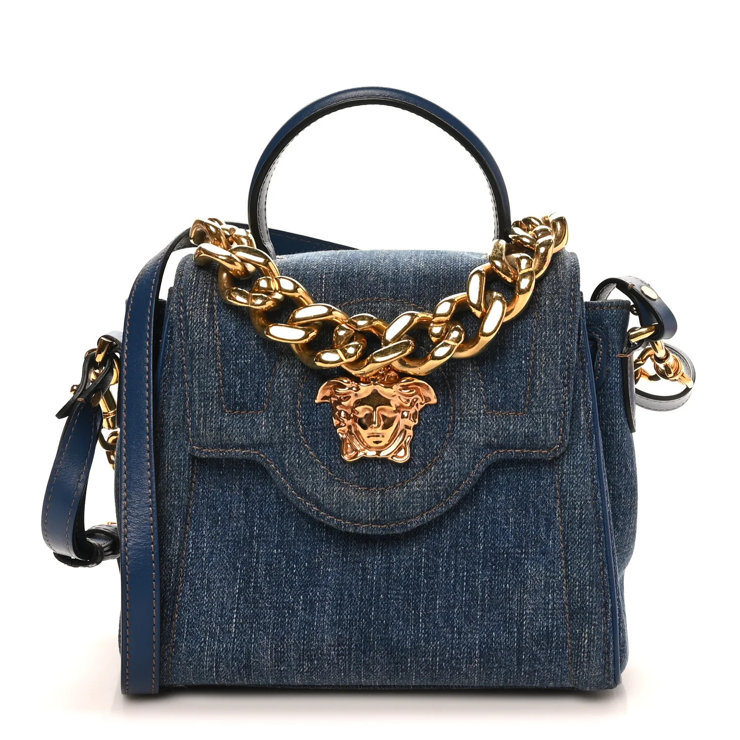 Denim La Medusa Chain Tote Navy Blue | FASHIONPHILE (US)