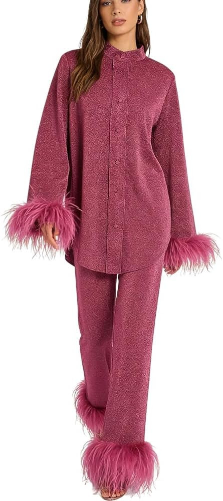 NIFTRIRY 2 Piece Lounge Set Women Shiny Women Blouse with Feather Cuff and Matching Pants Sexy Ou... | Amazon (US)