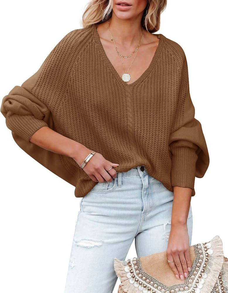 Mafulus Womens Oversized Sweater Off Shoulder Deep V Neck Batwing Sleeve Slouchy Cable Knit Jumpe... | Amazon (US)