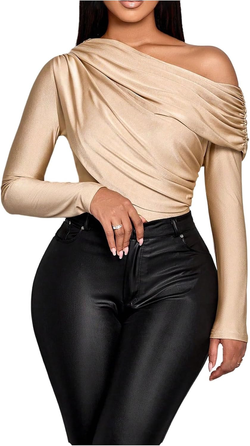 GORGLITTER Women's One Shoulder Satin Fall Tops Long Sleeve Ruched Bodysuit | Amazon (US)