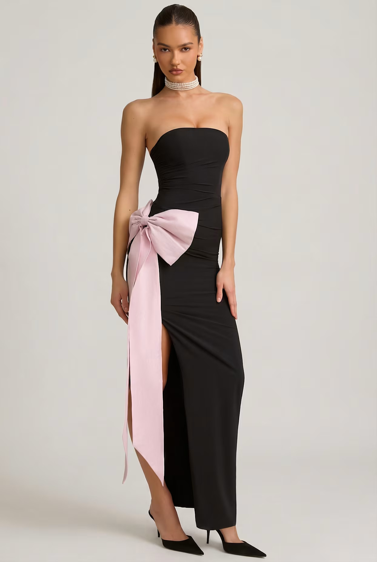 Strapless Bow-Detail Maxi Dress in Black | Oh Polly
