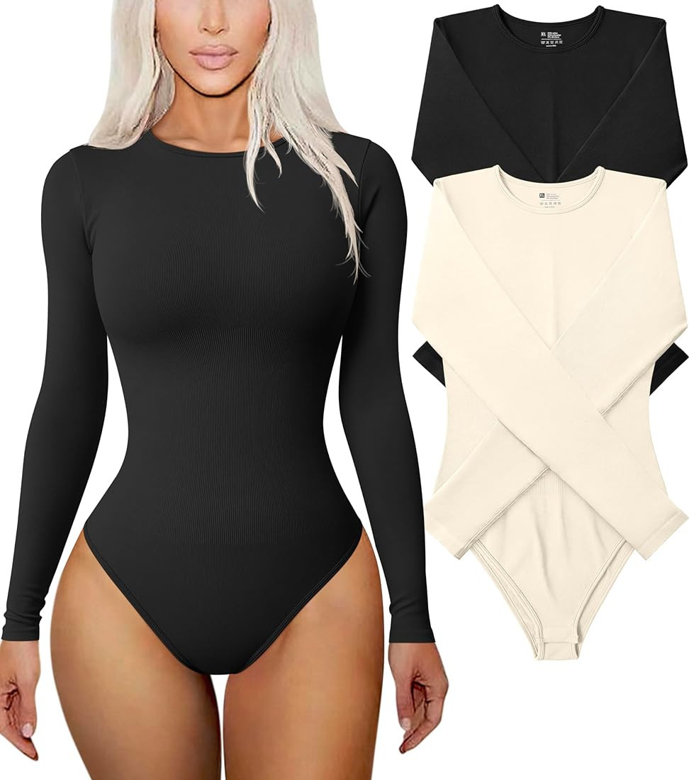TOB Women's 2 Piece Bodysuits Sexy Ribbed One Piece Long Sleeve Round Neck Tops Bodysuits | Amazon (US)
