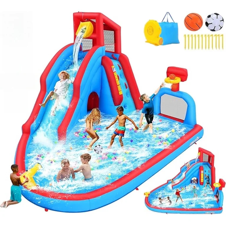Qhomic Water Slide with 470W Blower, Bounce House with Slide, Climbing Wall, Basketball Hoop, Soc... | Walmart (US)