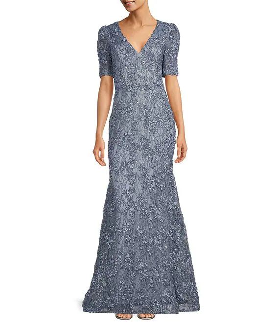 Textured Lace V-Neck Short Sleeve Mermaid Gown | Dillard's