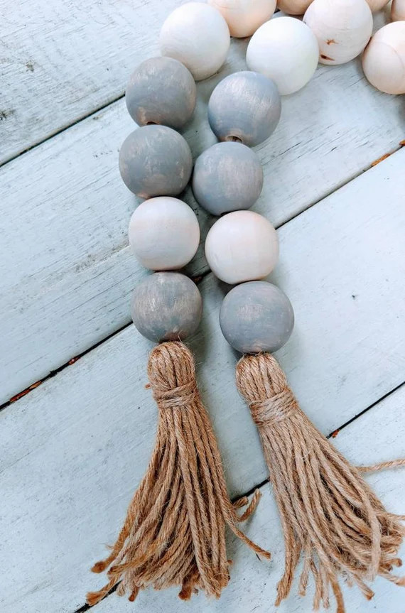 Rustic Grey Farmhouse Wood Bead Garland Hand Painted Large | Etsy | Etsy (US)