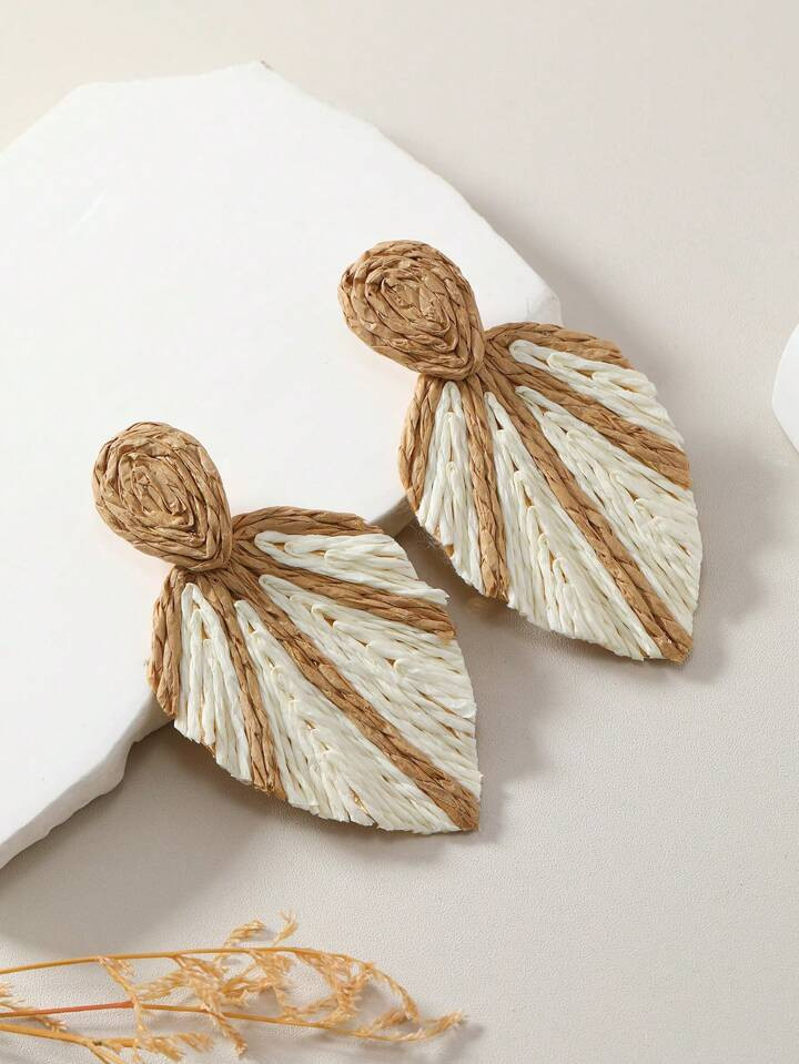 1pair Bohemian Style Vacation-Theme Rattan Handmade Two-Tone Woven Leaf-Shaped Women Fashion Earr... | SHEIN