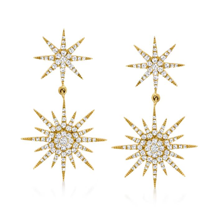 1.00 ct. t.w. Diamond Starburst Drop Earrings in 14kt Yellow Gold | Ross-Simons