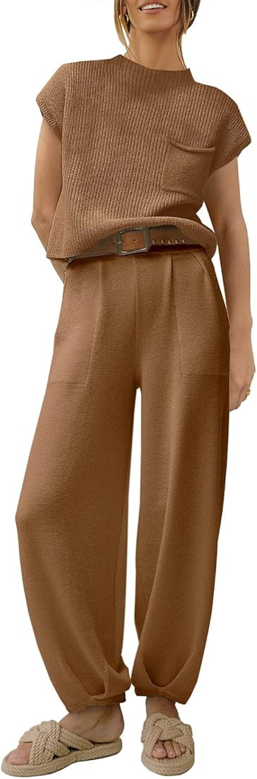 ANRABESS Women's Two Piece Outfits Sweater Sets Knit Pullover Tops and High Waisted Pants Tracksu... | Amazon (US)