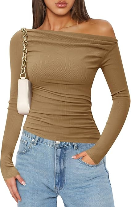 ZESICA Womens Off Shoulder Long Sleeve Tops Fall Casual Boat Neck Ruched Slim Fit Going Out Y2k S... | Amazon (US)