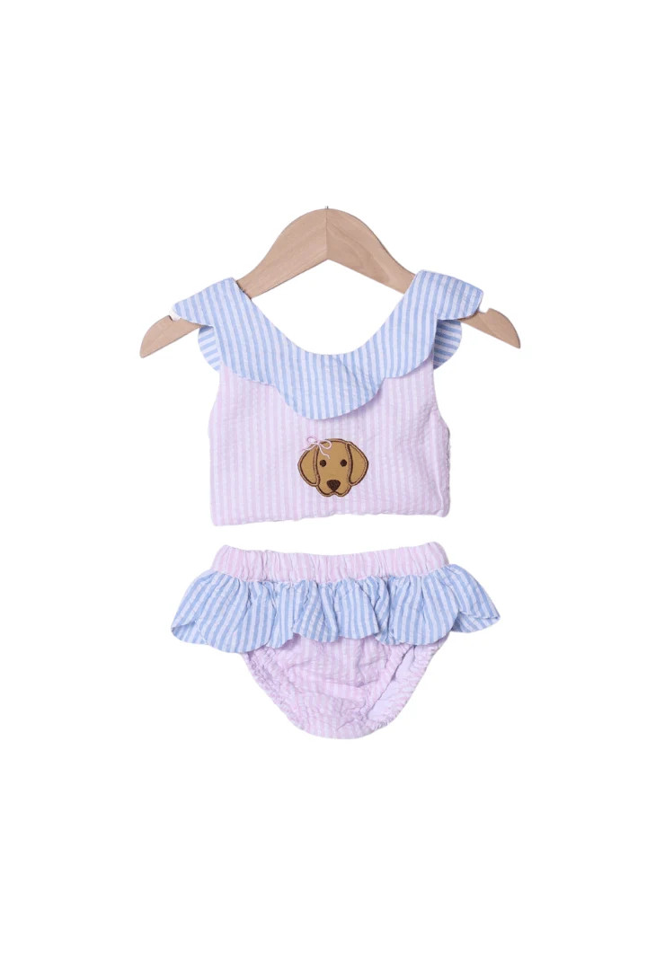Applique Puppy Pink/Blue Seersucker 2pc Swimsuit | The Smocked Flamingo