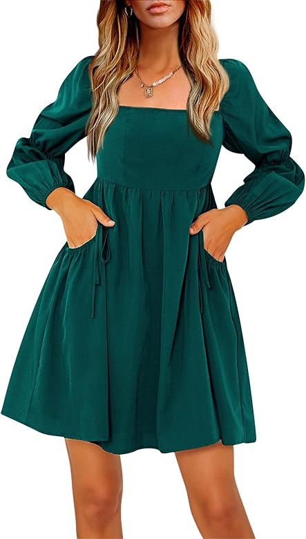 EXLURA Womens Casual Mini Dress Square Neck Long Puff Sleeve Dress Empire Waist Boho Wedding Guest D | Amazon (US)