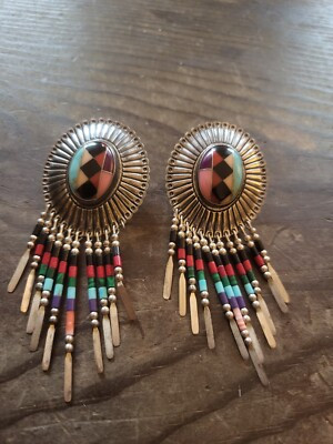 QT  Sterling Silver Inlay Multistone Coral Onyx Dangle Earrings 3" | eBay US