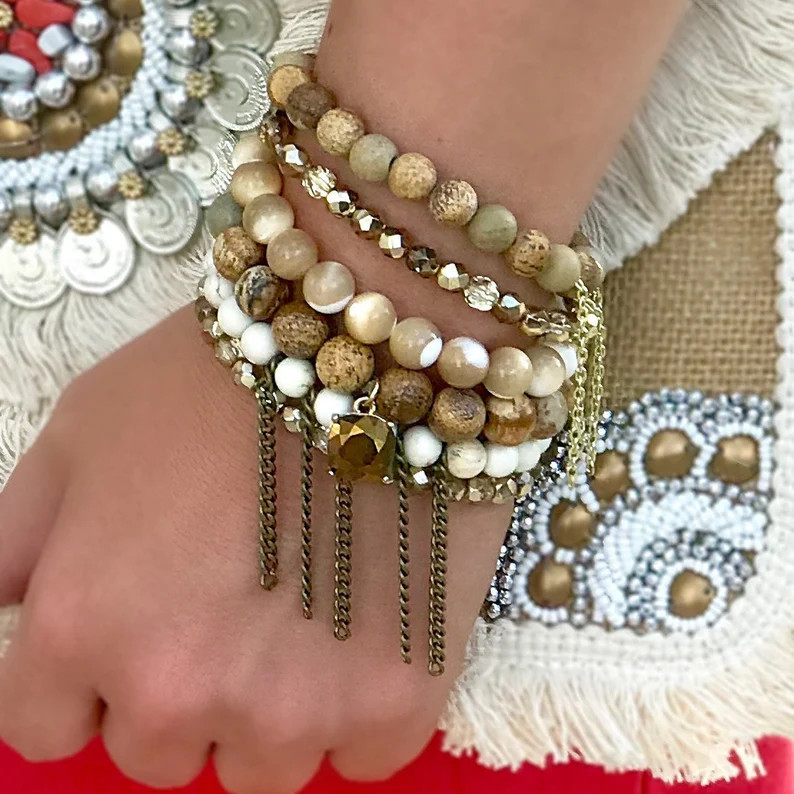 Creme Brulee, bracelet stack, cream, bronze, white, beaded bracelets | Etsy (US)