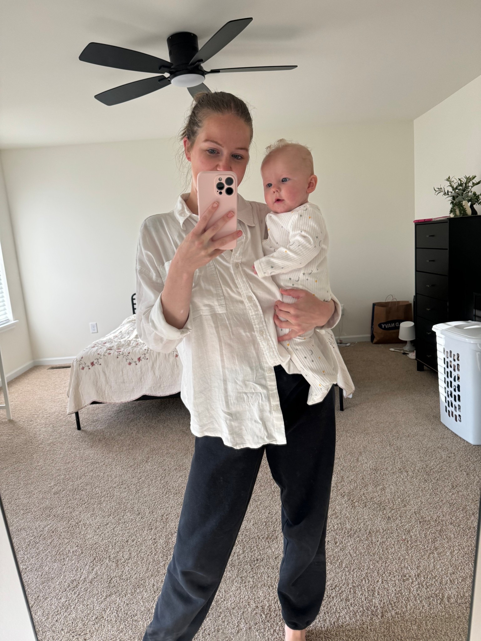 ootd as a mom who would rather be in pjs🤪 

#comfy #momootd #spring #buttonup #linentop #sweatpants #ribbedpjs #babyclothes #whattowear 

#LTKStyleTip #LTKSaleAlert #LTKFamily