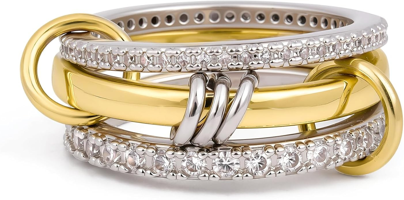 18K Gold Plated Stackable Rings for Women Non Tarnish, Sterling Silver Interlocking Ring Set with... | Amazon (US)