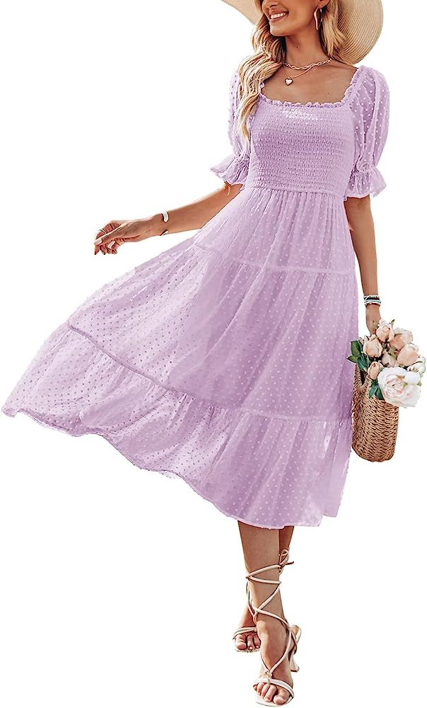 MEROKEETY Women's Summer Square Neck Puff Sleeve Boho Midi Dress Swiss Dot Ruffle Flowy Tie Back Dre | Amazon (US)