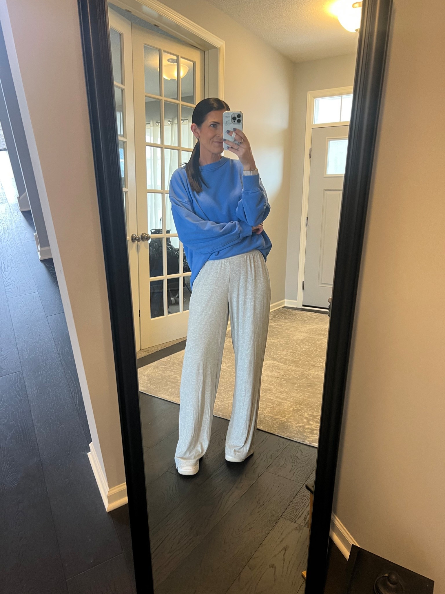 Comfort wins. 💙🩶

These rib knit high rise wide leg pants are all kinds of comfortable. Lined, nice weight, pockets, and insanely comfortable. Extra long and very wide leg. They’re on clearance right now and also come in black and a pretty mint green! 

#LTKSpringSale #LTKootd #LTKActive