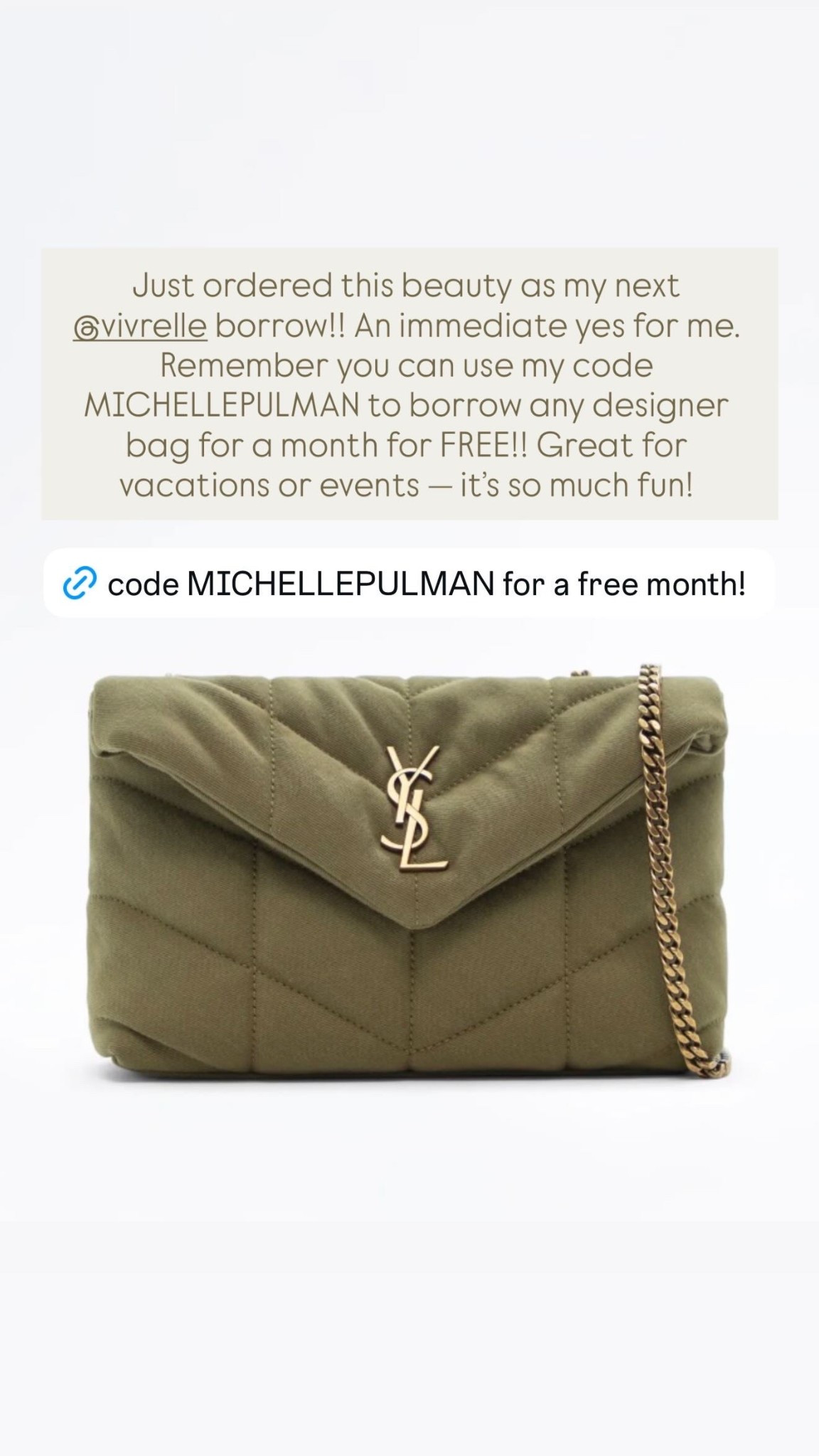 My newest borrow from @Vivrelle!! I love to choose a new bag each month (so perfect for events or vacations!) It’s also a great way to test out a new bag you’re considering buying to make sure that you truly love it! You can use my code MICHELLPULMAN for a free month of borrowing!! Would make a great Mother’s Day gift 😏

#LTKMothersDay #LTKselfcare #LTKootd