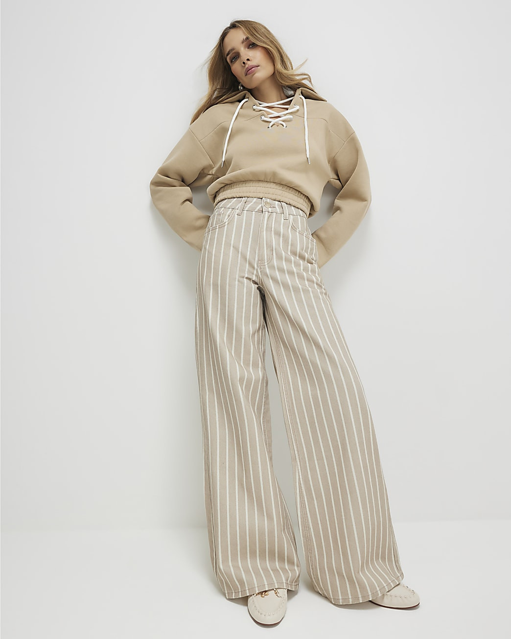 Beige Stripe Wide Leg Jeans | River Island UK & IE