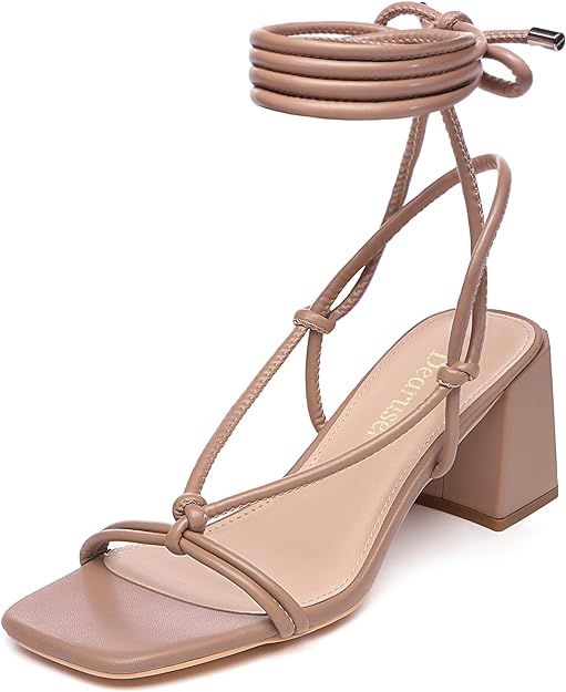 Women's Lace Up Chunky Heels Sexy Strappy Square Open Toe Heels Sandals | Amazon (US)