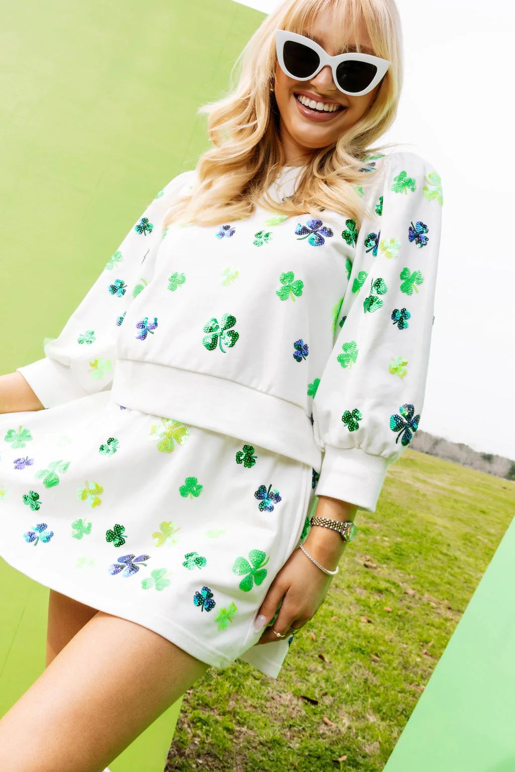 White Scattered Four Leaf Clover Top | Queen of Sparkles