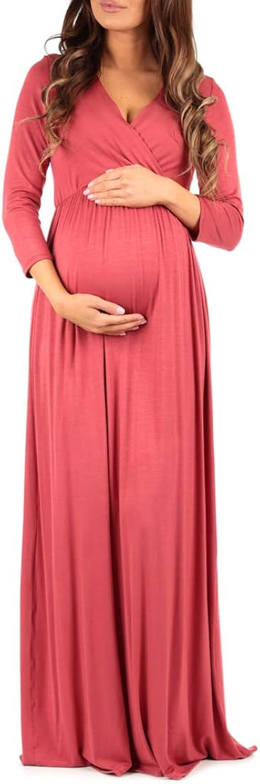 Mother Bee Maternity V-Neck 3/4 Sleeve Ruched Waist Dress | Amazon (US)