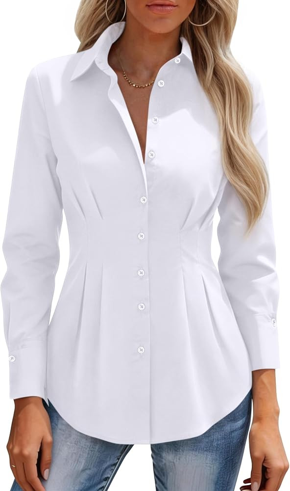 Amazon.com: siliteelon Button Down Shirts for Women Cinched Waist Dress Shirt Cotton Long Sleeve ... | Amazon (US)