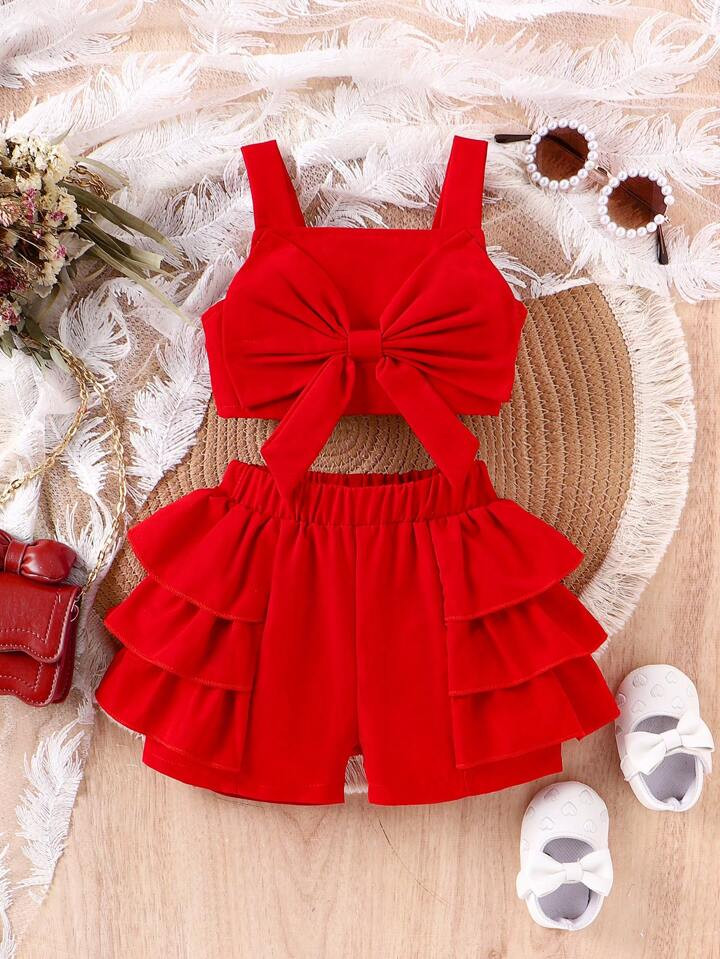 Baby Girl Bow Detail Decoration Short Strap Vest And Red Shorts Set | SHEIN