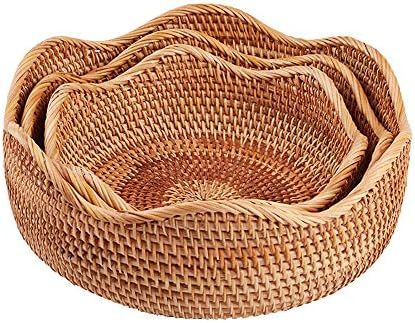 amololo Handmade Rattan Round Fruit Basket Food Storage Bowls Kitchen Organizer Snack Serving Bow... | Amazon (US)