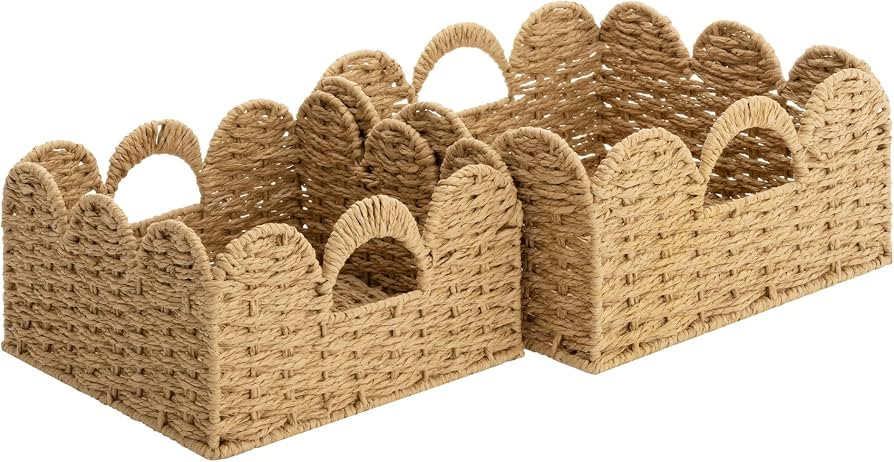 StorageWorks Scalloped Wicker Basket, Woven Baskets for Storage, Rattan Baskets with Handles, Pap... | Amazon (US)