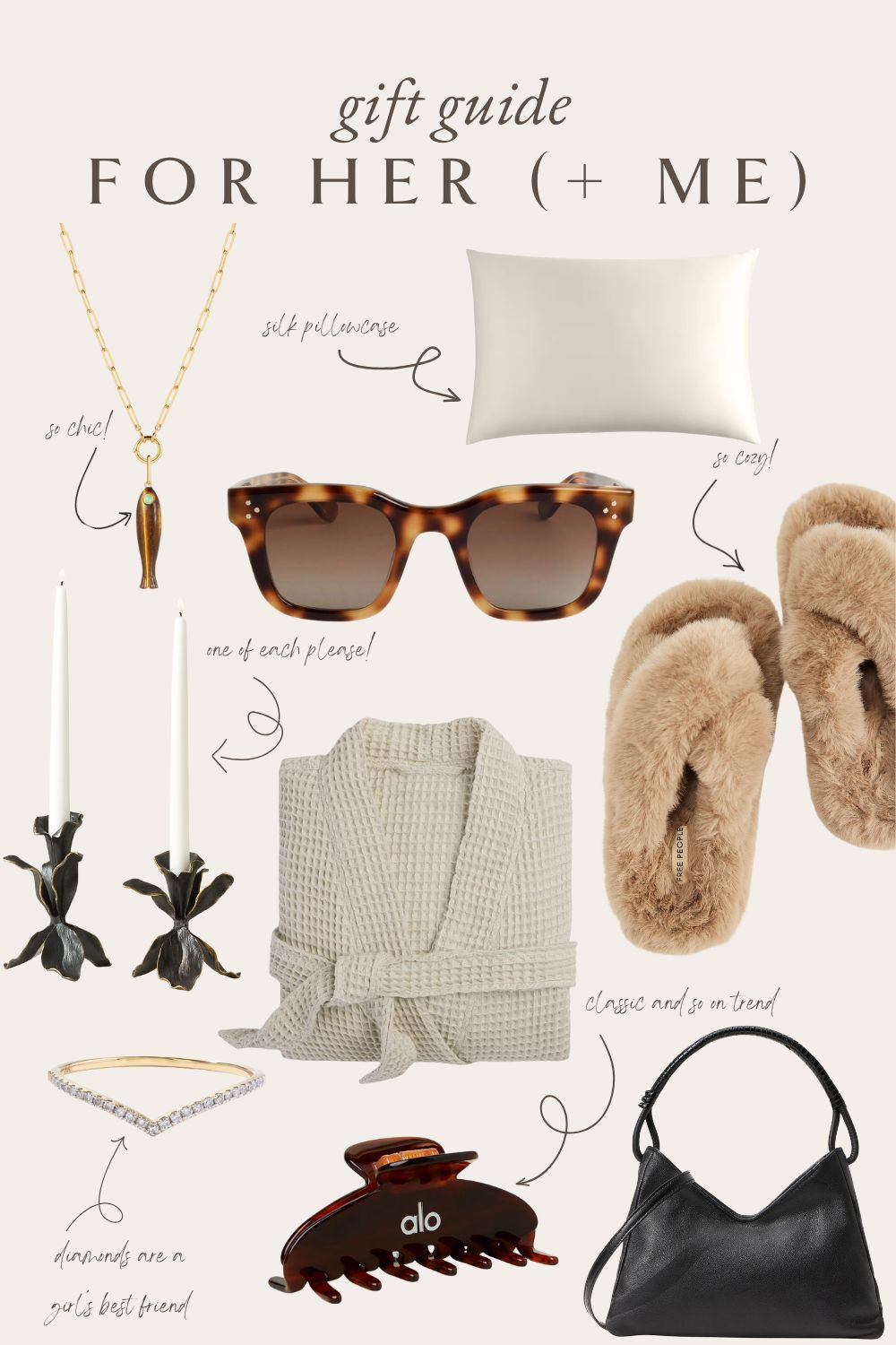 gift guide for her, cozy gifts, slippers, waffle robe, silk pillowcase, bronze candle holders, taper holder, sunglasses, hair accessories, claw clip, alo yoga, black purse 

 #LTKGiftGuide #LTKHoliday #LTKSeasonal