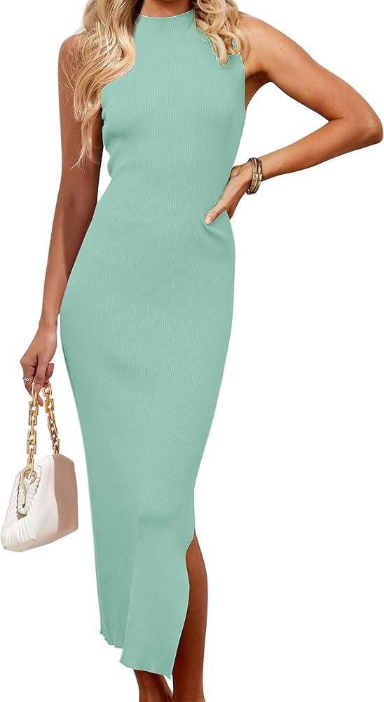 MEROKEETY Women's 2024 Sleeveless Mock Neck Knit Sweater Dress Ribbed Bodycon Slit Tank Maxi Dres... | Amazon (US)
