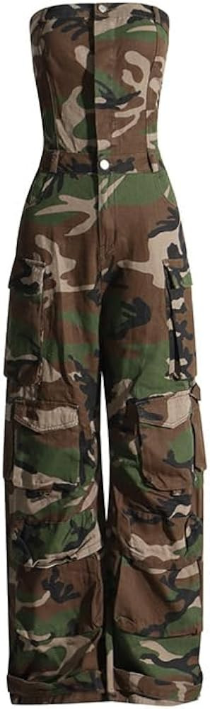 THLAI Womens Strapless Camo Jumpsuit Multi Pocket Straight Leg Cargo Pants Vintage American Style... | Amazon (US)