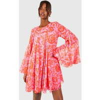 Womens Floral Print Flared Sleeve Smock Dress - Pink - 4 | boohoo (US & Canada)