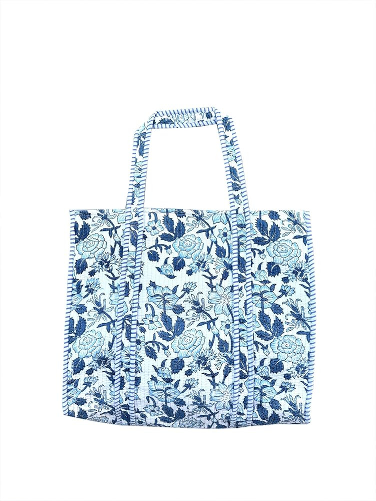 Quilted Cotton Handprinted Reversible Large multicolor Floral Tote Bag,Hand Block Print Shopping ... | Amazon (US)