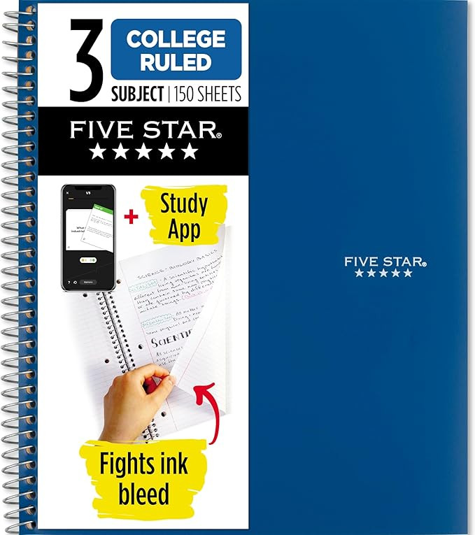 Five Star Spiral Notebook + Study App, 3 Subject, College Ruled Paper, 8-1/2" x 11", 150 Sheets, ... | Amazon (US)