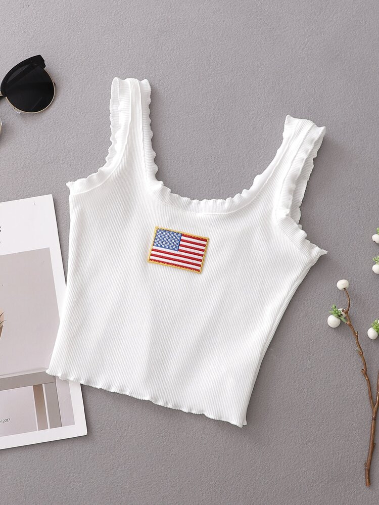 American Flag Patched Lettuce Trim Ribbed Tank Top | SHEIN