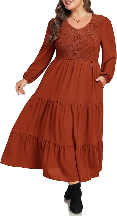 Hanna Nikole Women Plus Size Fall Dresses Long Sleeve V Neck Dress Maxi Casual Flowy Tiered 2025 ... | Amazon (US)