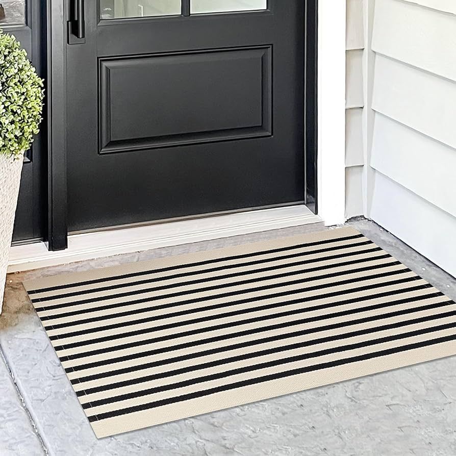 KOZYFLY Black and Beige Striped Porch Rug 2x3 Ft Small Area Rug Cotton Outdoor Doormat Front Door... | Amazon (US)